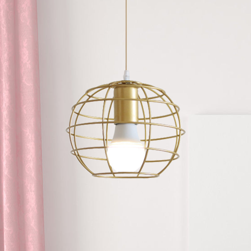 Gold Metal Pendant Light With Globe/Hexagon Cage Shade For Dining Room / Globe