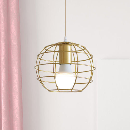Gold Metal Pendant Light With Globe/Hexagon Cage Shade For Dining Room / Globe