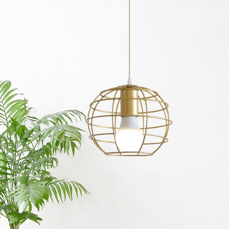 Gold Metal Pendant Light With Globe/Hexagon Cage Shade For Dining Room