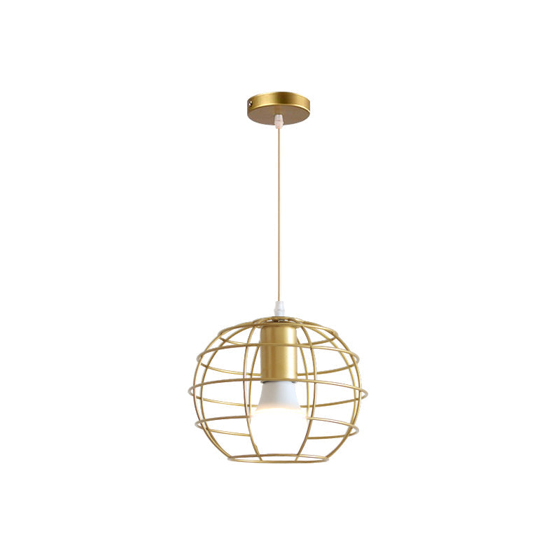 Gold Metal Pendant Light With Globe/Hexagon Cage Shade For Dining Room