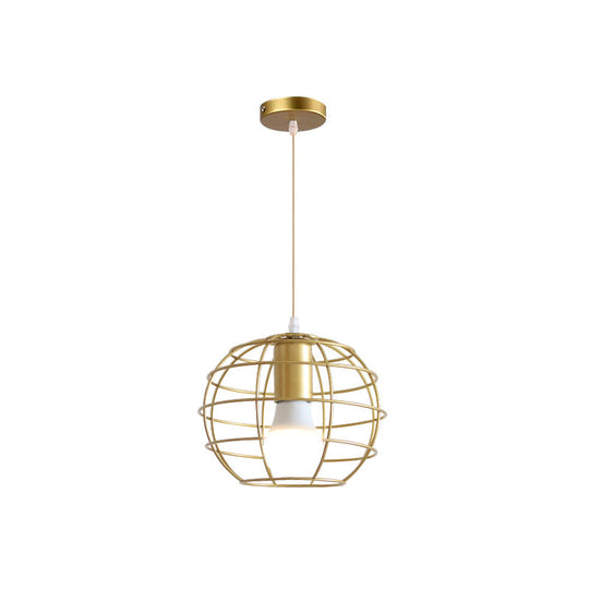 Gold Metal Pendant Light With Unique Globe/Hexagon Cage Shade For Dining Room
