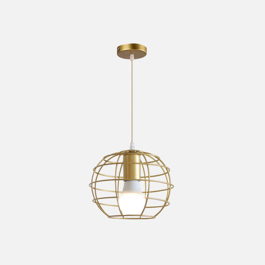 Gold Metal Pendant Light With Globe/Hexagon Cage Shade For Dining Room