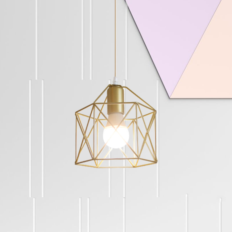 Gold Metal Pendant Light With Globe/Hexagon Cage Shade For Dining Room / Hexagon