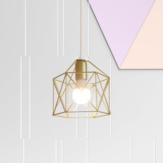 Gold Metal Pendant Light With Globe/Hexagon Cage Shade For Dining Room / Hexagon
