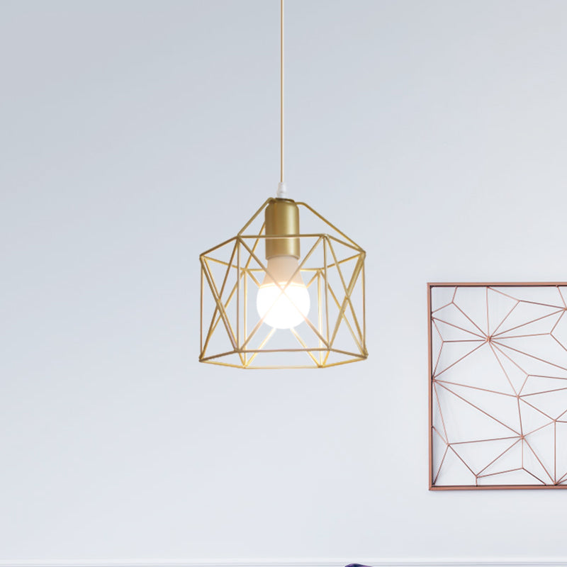 Gold Metal Pendant Light With Globe/Hexagon Cage Shade For Dining Room