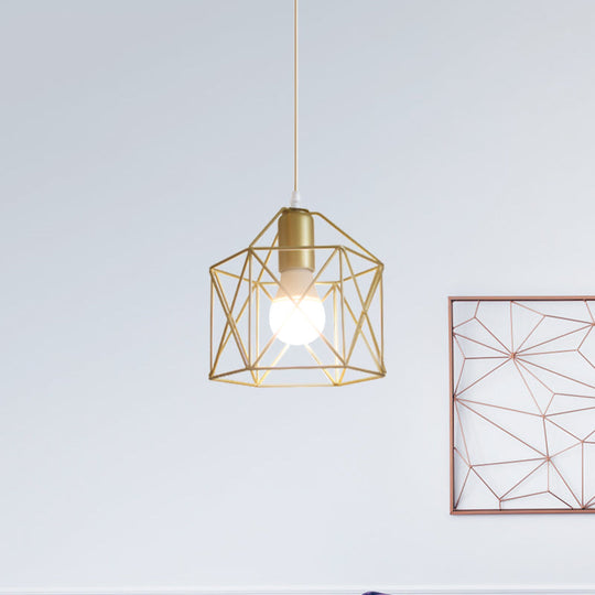 Gold Metal Pendant Light With Globe/Hexagon Cage Shade For Dining Room