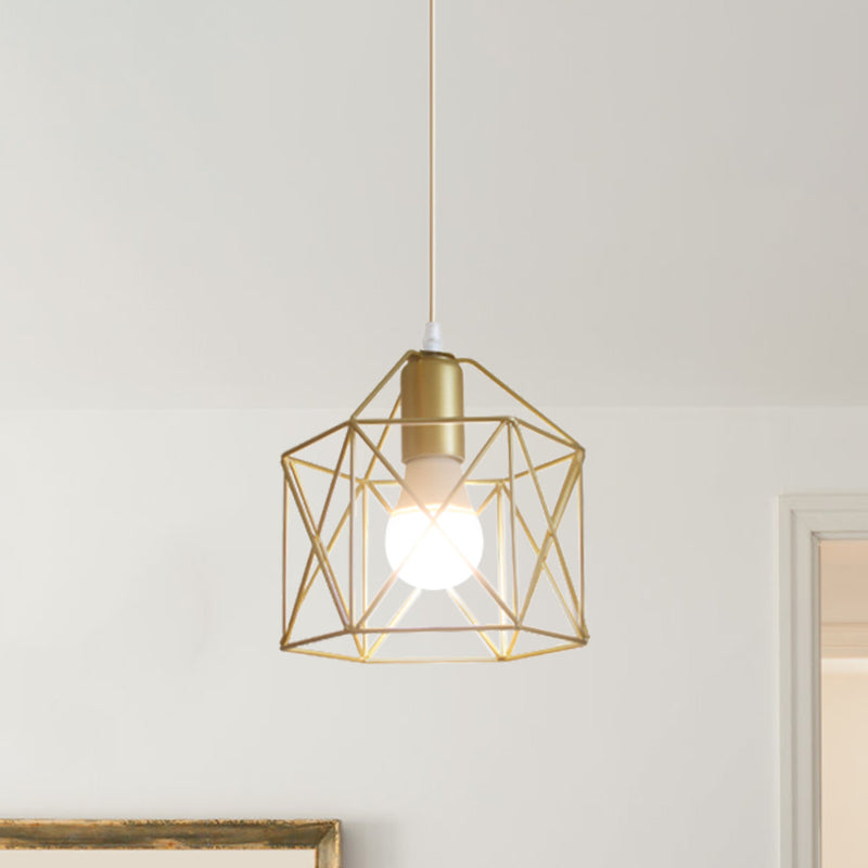 Gold Metal Pendant Light With Globe/Hexagon Cage Shade For Dining Room