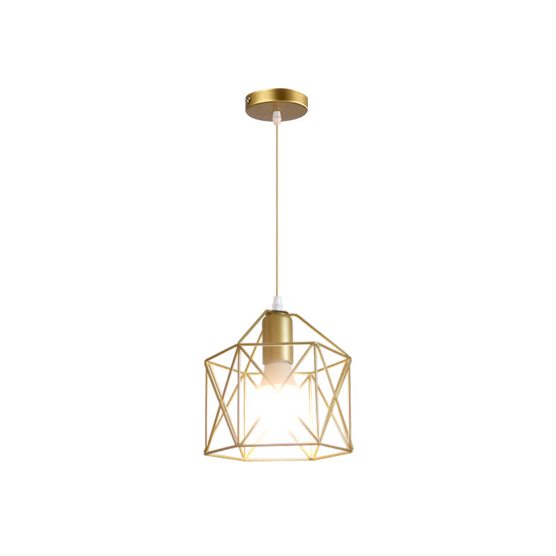 Gold Metal Pendant Light With Globe/Hexagon Cage Shade For Dining Room