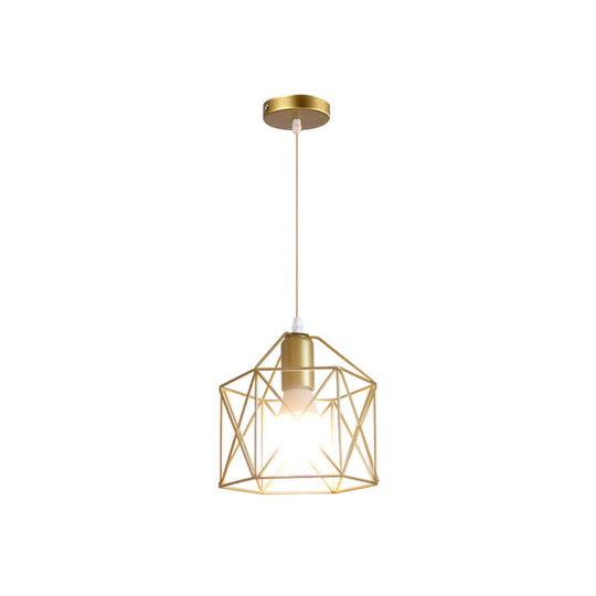 Gold Metal Pendant Light With Unique Globe/Hexagon Cage Shade For Dining Room