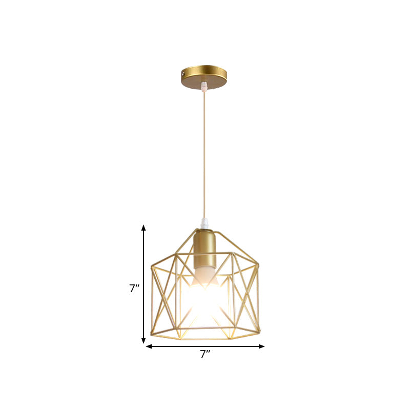 Gold Metal Pendant Light With Globe/Hexagon Cage Shade For Dining Room