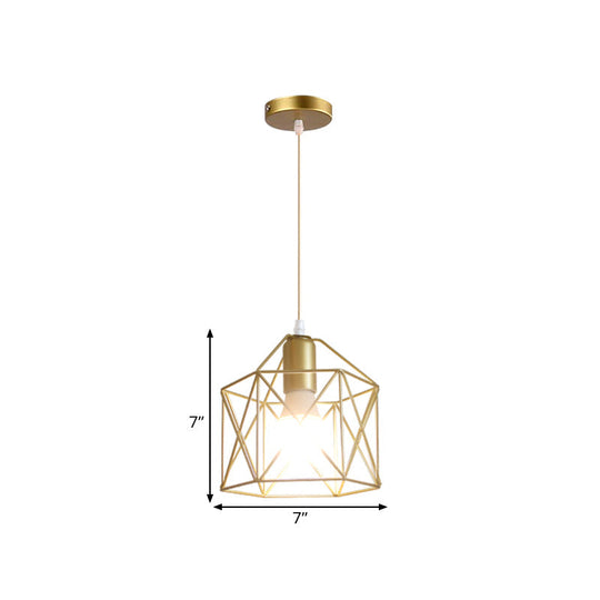Gold Metal Pendant Light With Globe/Hexagon Cage Shade For Dining Room