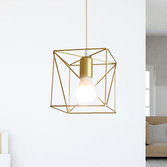 Gold Metal Pendant Light With Globe/Hexagon Cage Shade For Dining Room / Square