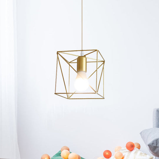Gold Metal Pendant Light With Globe/Hexagon Cage Shade For Dining Room
