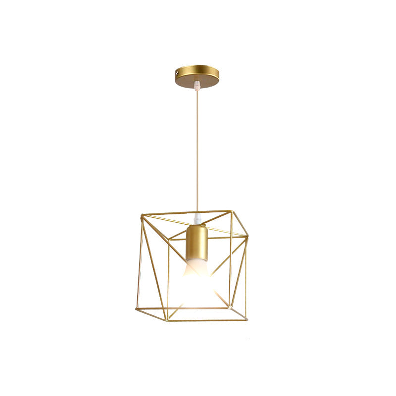 Gold Metal Pendant Light With Globe/Hexagon Cage Shade For Dining Room