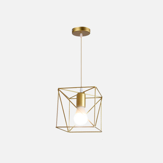 Gold Metal Pendant Light With Globe/Hexagon Cage Shade For Dining Room