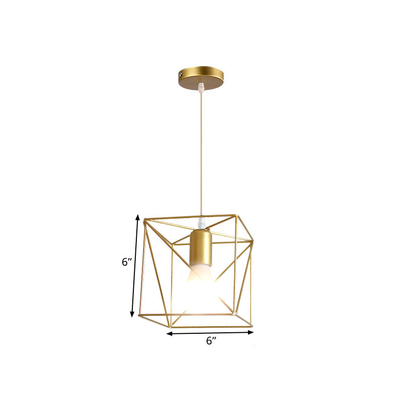 Gold Metal Pendant Light With Globe/Hexagon Cage Shade For Dining Room