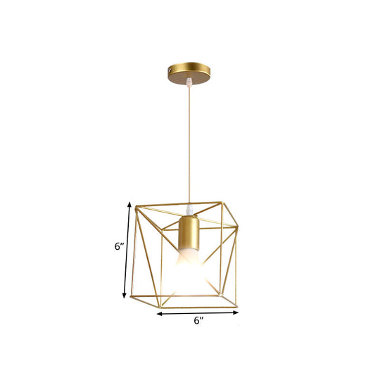 Gold Metal Pendant Light With Unique Globe/Hexagon Cage Shade For Dining Room