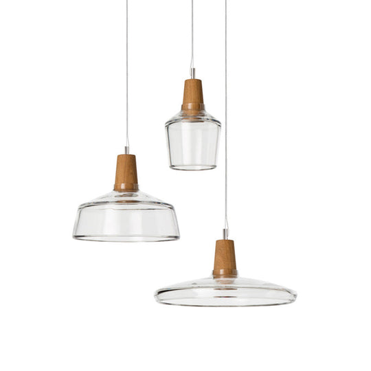 Modern Round Canopy Coffee Shop Multi Pendant Clear/Smoked Glass Ceiling Light With Wood Accent -