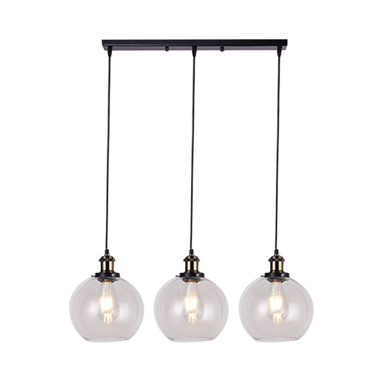 Globe Clear Glass Pendant Industrial Lighting - 3-Light Linear Canopy For Living Room
