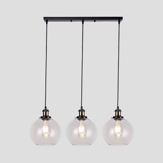 Globe Clear Glass Pendant Industrial Lighting - 3-Light Linear Canopy For Living Room