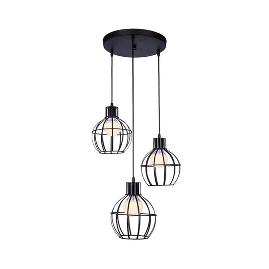 Industrial Style Black Pendant Light With 3 Bulbs Wire Globe Shade - Ideal For Dining Room