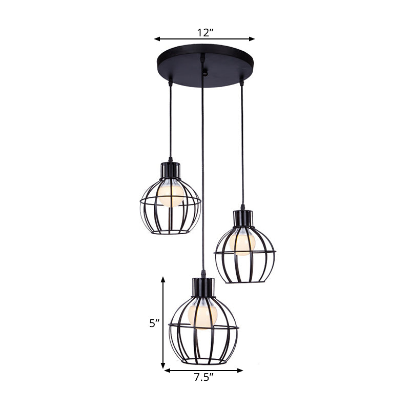 Industrial Style Black Pendant Light With 3 Bulbs Wire Globe Shade - Ideal For Dining Room