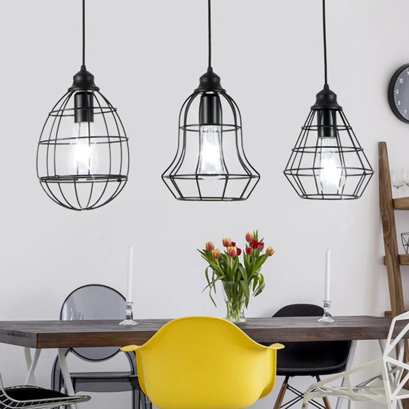 Vintage Black Metal Cage Pendant Lighting With 3 Different Shade Bulbs - Perfect For Coffee Shop