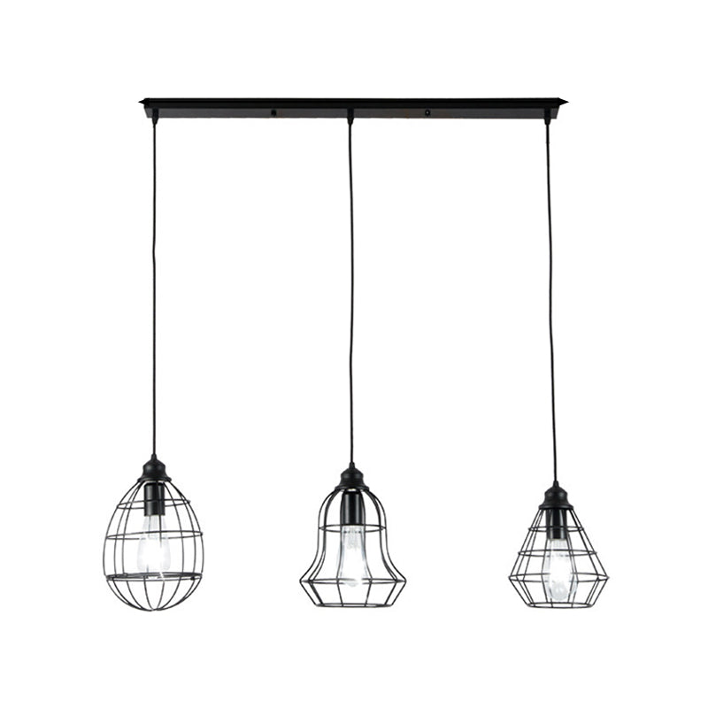 Vintage Black Metal Cage Pendant Lighting With 3 Different Shade Bulbs - Perfect For Coffee Shop