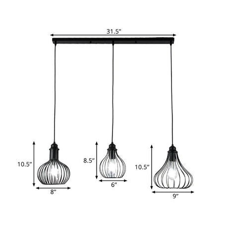 Vintage Onion Caged Pendant Light | 3-Bulb Metallic Fixture In Black Perfect For Restaurants