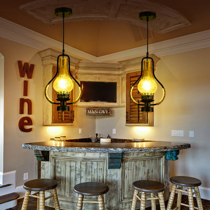 Vintage Yellow Crackle Glass Kerosene Pendant Light For Living Room - Black 1-Light Hanging Ceiling