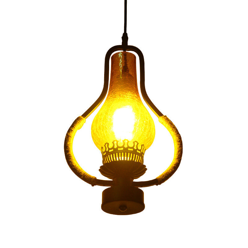 Vintage Yellow Crackle Glass Kerosene Pendant Light For Living Room - Black 1-Light Hanging Ceiling