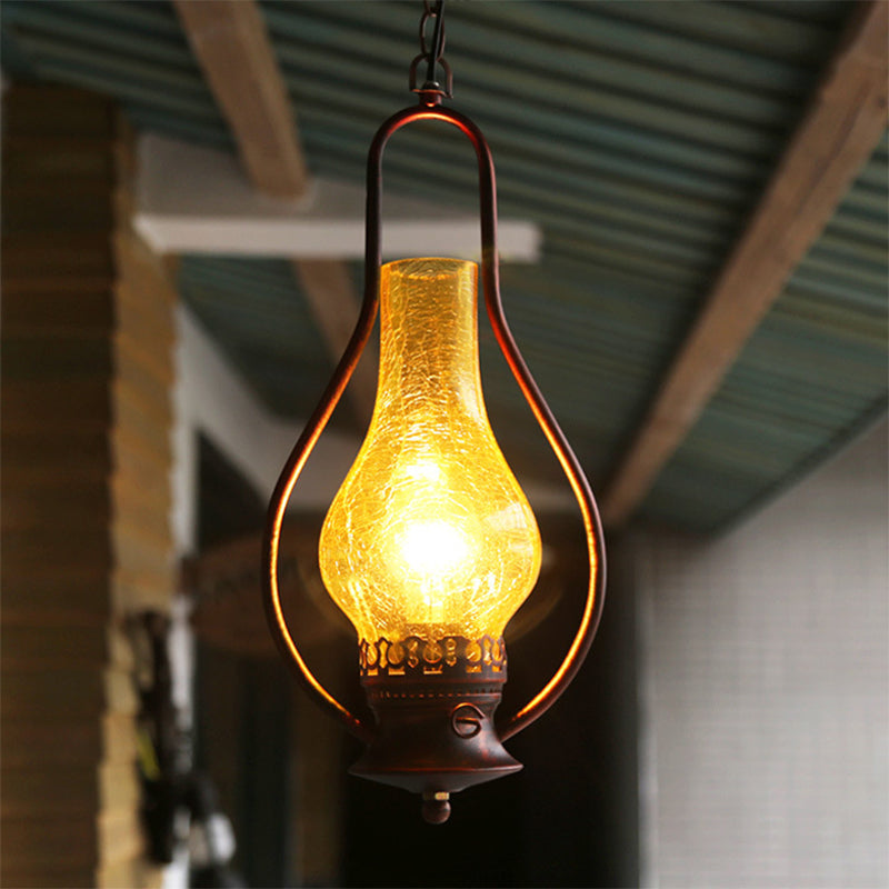 Industrial Antique Pendant Light With Crackle Glass For Living Room - Copper/Bronze Finish