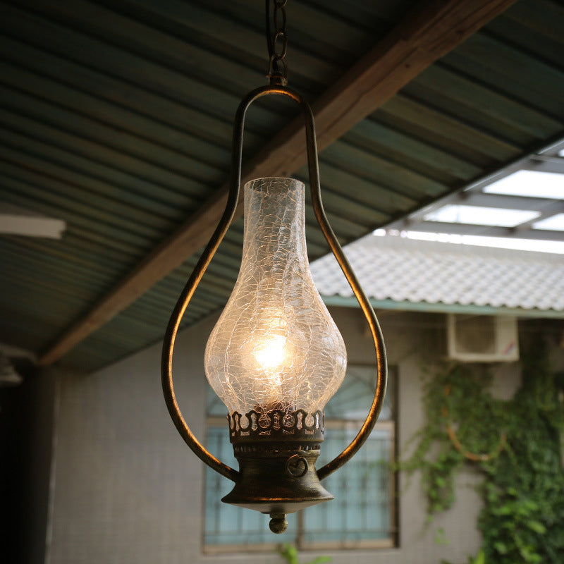 Industrial Antique Pendant Light With Crackle Glass For Living Room - Copper/Bronze Finish