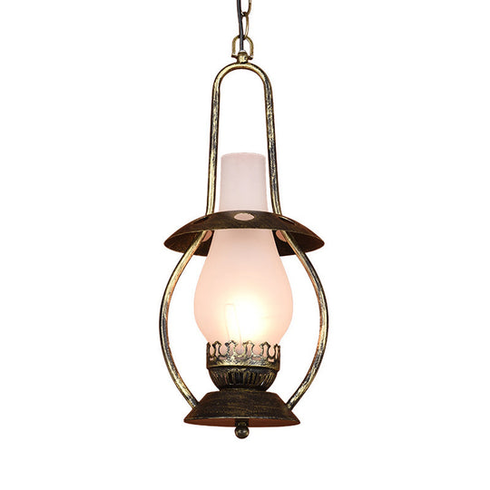 Farmhouse Brass Pendant Ceiling Light With Milk Glass - Rustic Kerosene Lighting Fixture For