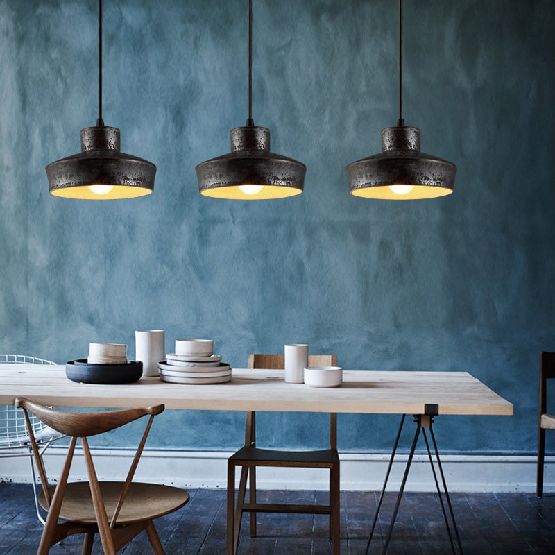 Iron Pendant Lighting With 4 Aged Black Shades - Industrial Style Indoor Hanging Light