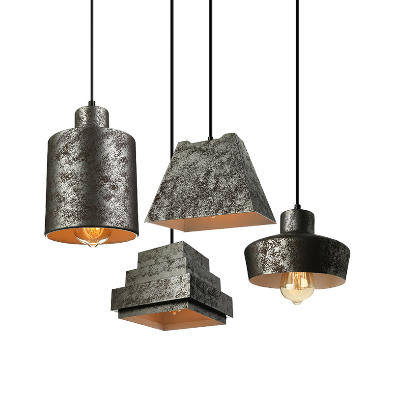 Iron Pendant Lighting With 4 Aged Black Shades - Industrial Style Indoor Hanging Light