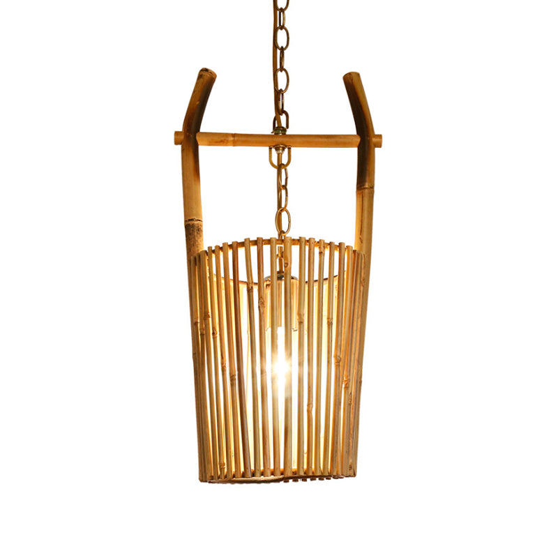1-Head Bamboo Bucket Pendant Light: Stylish Beige Lodge Ceiling Fixture For Restaurants