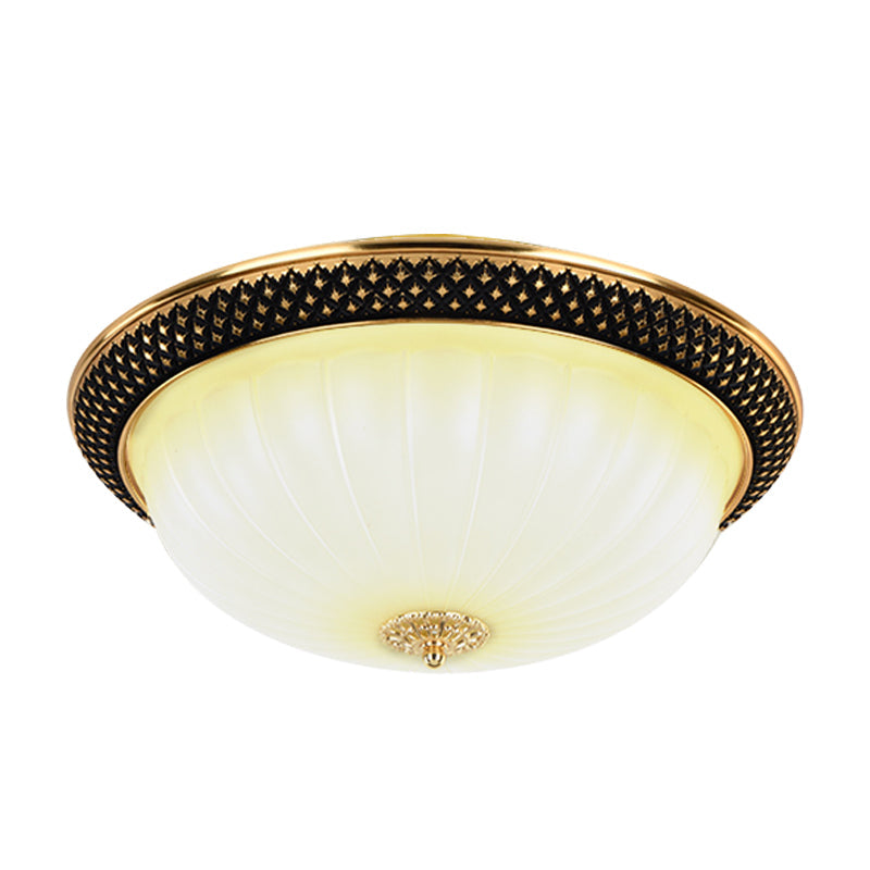 Vintage Fluted Opal Glass Semi - Orb Flush Mount Led Ceiling Light 11’/15’ Width In Black & Gold