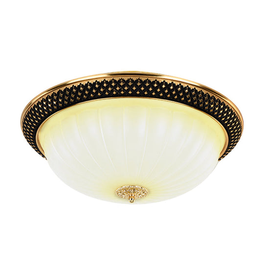 Vintage Fluted Opal Glass Semi-Orb Flush Mount Led Ceiling Light 11/15 Width In Black & Gold