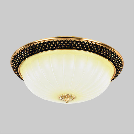 Vintage Fluted Opal Glass Semi - Orb Flush Mount Led Ceiling Light 11’/15’ Width In Black & Gold