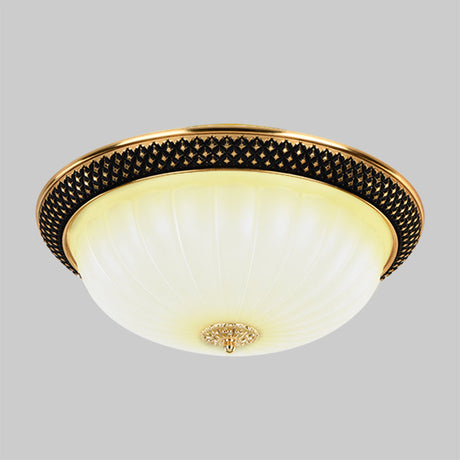 Vintage Fluted Opal Glass Semi-Orb Flush Mount Led Ceiling Light 11/15 Width In Black & Gold