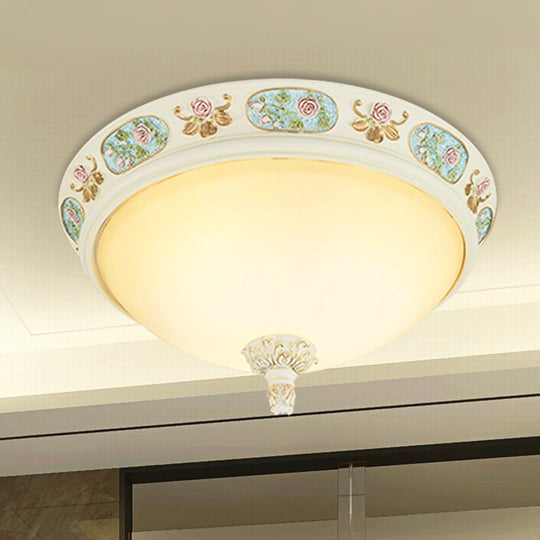 2/3 - Head Flush Mount Opaline Glass Dome Ceiling Light With Flower Decor In Blue And White