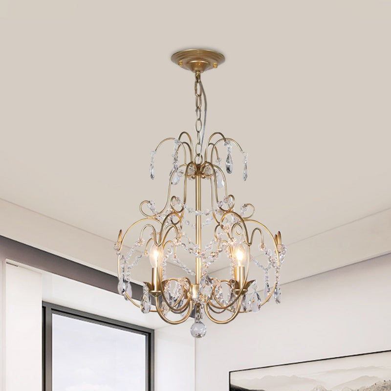 Contemporary Gold Chandelier Featuring Clear Crystal Beads - 3 Bulb Lantern Suspended Lighting