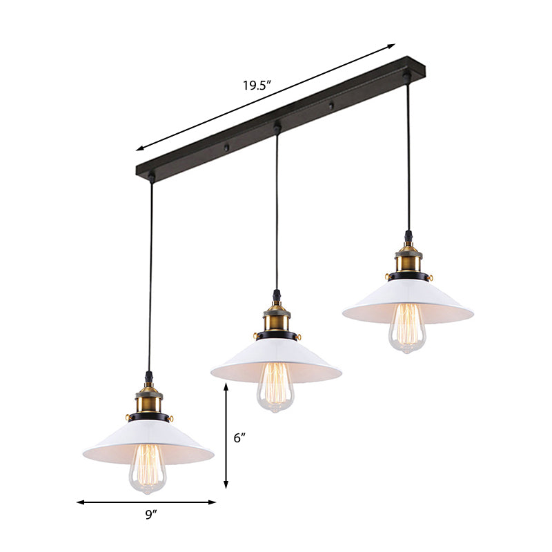 Industrial Style White Conic Ceiling Pendant With Metallic Finish - 3 Heads Indoor Hanging Light