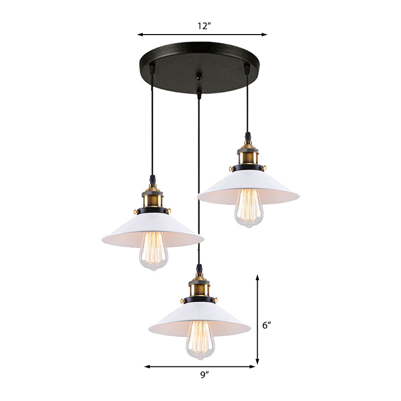 Industrial Style White Conic Ceiling Pendant With Metallic Finish - 3 Heads Indoor Hanging Light