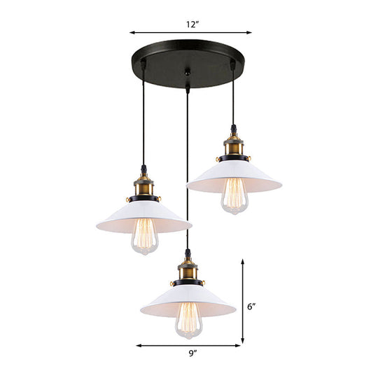 Industrial Style White Conic Ceiling Pendant With Metallic Finish - 3 Heads Indoor Hanging Light