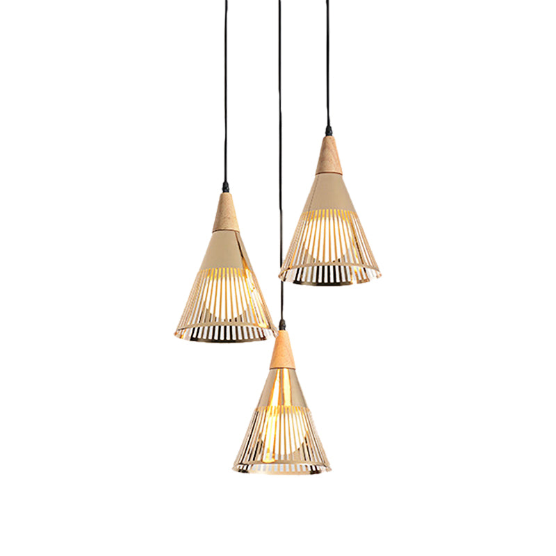 Nordic Cone Ceiling Light With 3 Metal And Wood Pendant Heads