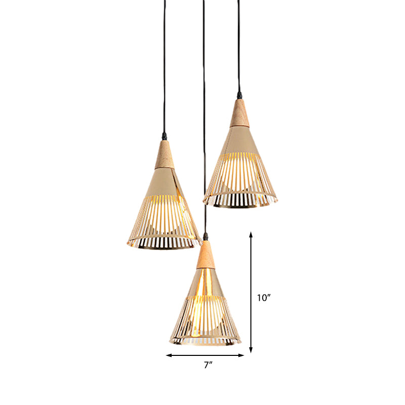 Nordic Cone Ceiling Light With 3 Metal And Wood Pendant Heads