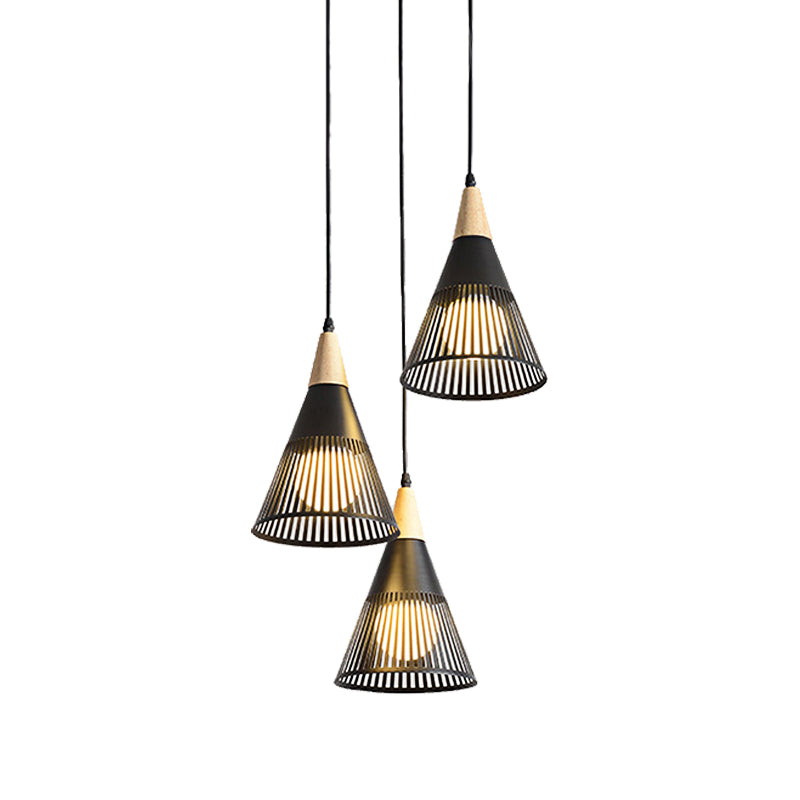 Nordic Cone Ceiling Light With 3 Metal And Wood Pendant Heads