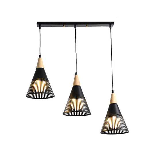 Nordic Cone Ceiling Light - 3 Head Metal And Wood Pendant Lighting With Wire Frame Linear/Round